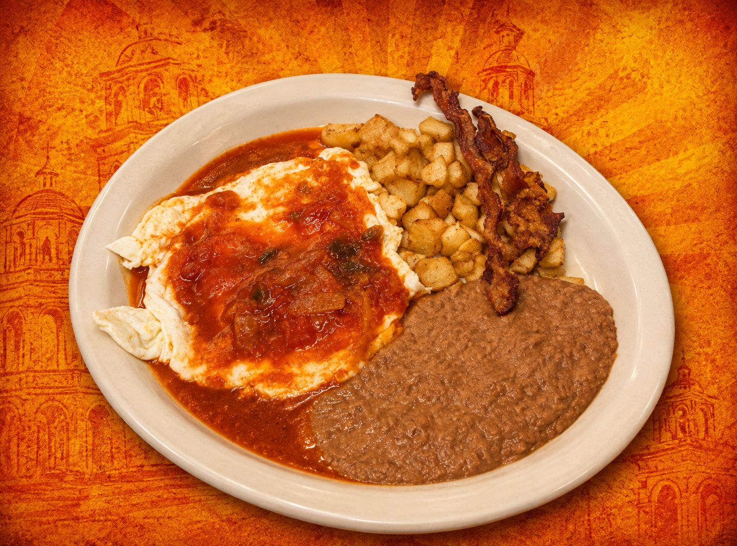 Huevos rancheros with ranchero sauce, refried beans, potatoes and bacon